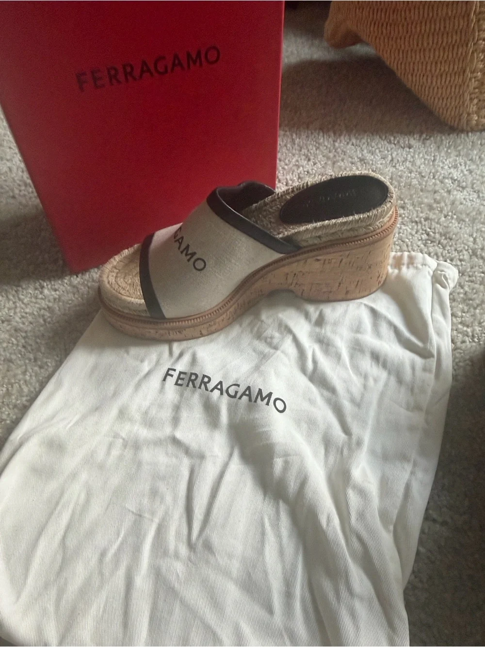 Salvatore Ferragamo Beige and Black Canvas Espadrille Wedge Slides